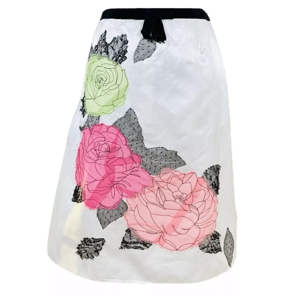Jon White Floral Appliqué Satin A-Line Skirt